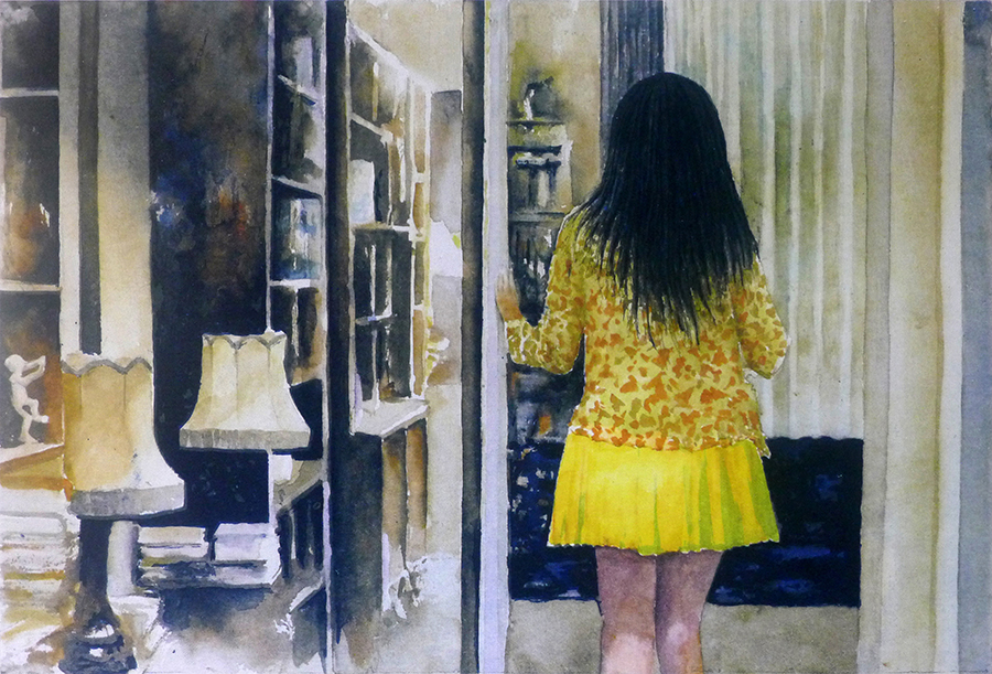 Konstnär Lars Eje Larsson. Konstverk benämning LEL4 ‘Yellow skirt’, litografi 24x35,5 cm. Våga Se - Konst