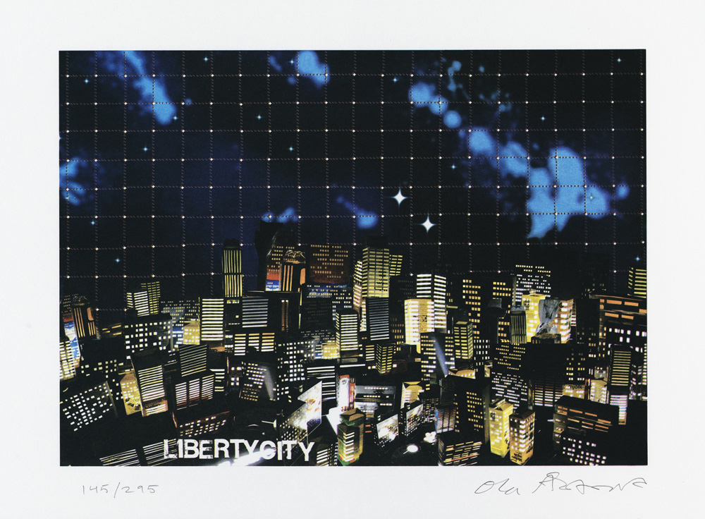 Konstnär Ola Åstrand. Konstverk benämning OÅ3 ‘Liberty City’, Litografi, pappersmått: 44x32 cm, bildmått: 36x25 cm, upplaga 295. Våga Se - Konst